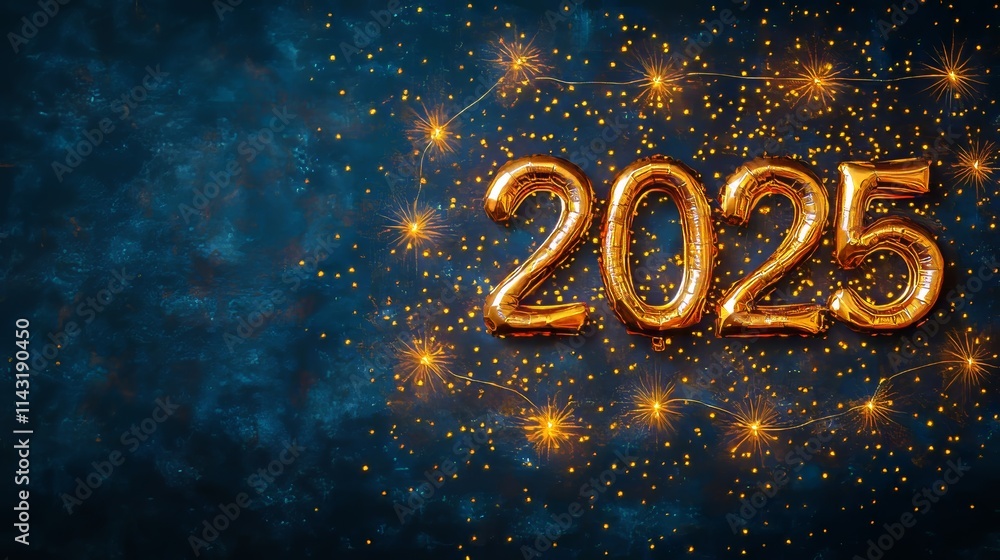 Shiny gold balloons with numbers marking the new year 2025, set against a festive backdrop. Shiny gold balloons with numbers marking the new year 2025, set against a festive backdrop.