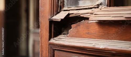 Detailed close-up of a damaged wooden door frame highlighting intricate textures and weathered surfaces ideal for restoration and renovation projects