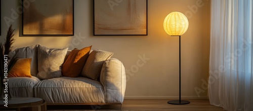 Modern decorative floor lamp illuminating a cozy living space with ambient light and stylish design enhancing home decor aesthetics.
