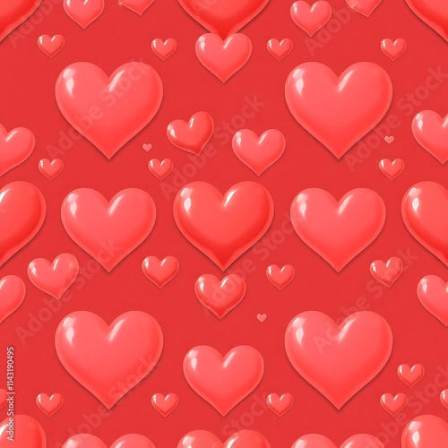 Seamless Love: A charming, romantic pattern of plump, glossy red hearts in various sizes, creating a captivating and endlessly repeating design. Perfect for Valentine's Day, wedding invitations.