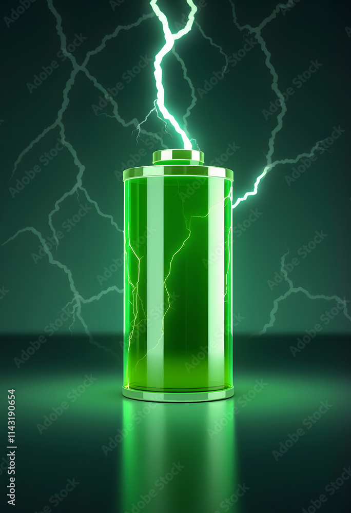 Green battery with lightnings 3D rendering, realistic, with white tones Green battery with lightnings 3D rendering, realistic, with white tones