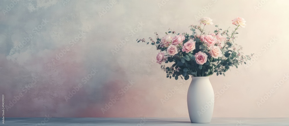 Elegant floral arrangement in a white vase with pastel wall backdrop ideal for tranquil home interior decor and design inspiration Elegant floral arrangement in a white vase with pastel wall backdrop ideal for tranquil home interior decor and design inspiration
