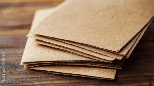 Stack of coarse all-purpose sandpaper sheets on a wooden surface for DIY crafts and woodworking projects photo