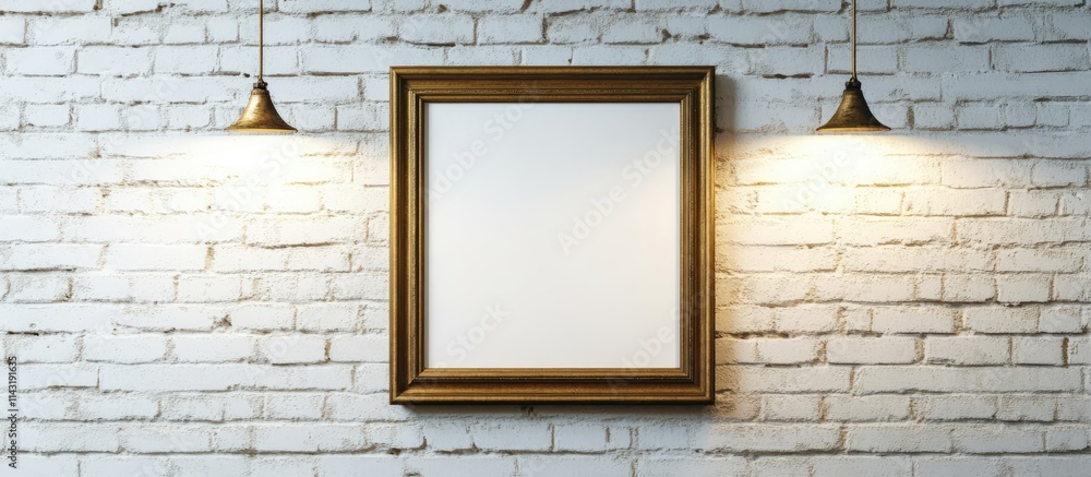 Elegant golden frame illuminated by stylish lights on a white brick wall ideal for showcasing art and enhancing interior decor Elegant golden frame illuminated by stylish lights on a white brick wall ideal for showcasing art and enhancing interior decor