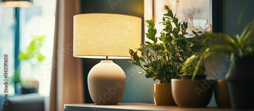 Elegant interior decor with stylish lamp and decorative plants highlighting sophisticated home design aesthetic. photo