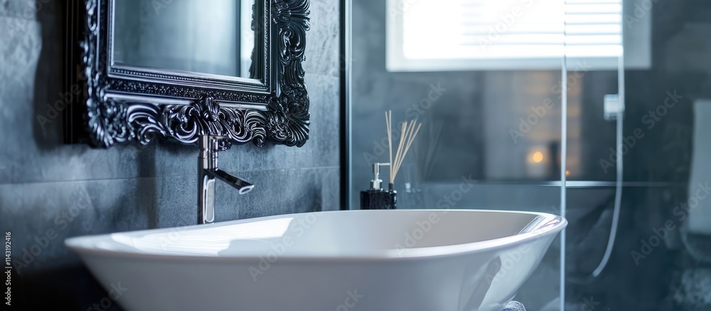 Fototapeta premium Large ornate black mirror reflecting light in a modern bathroom with a stylish bathtub and sleek design elements.