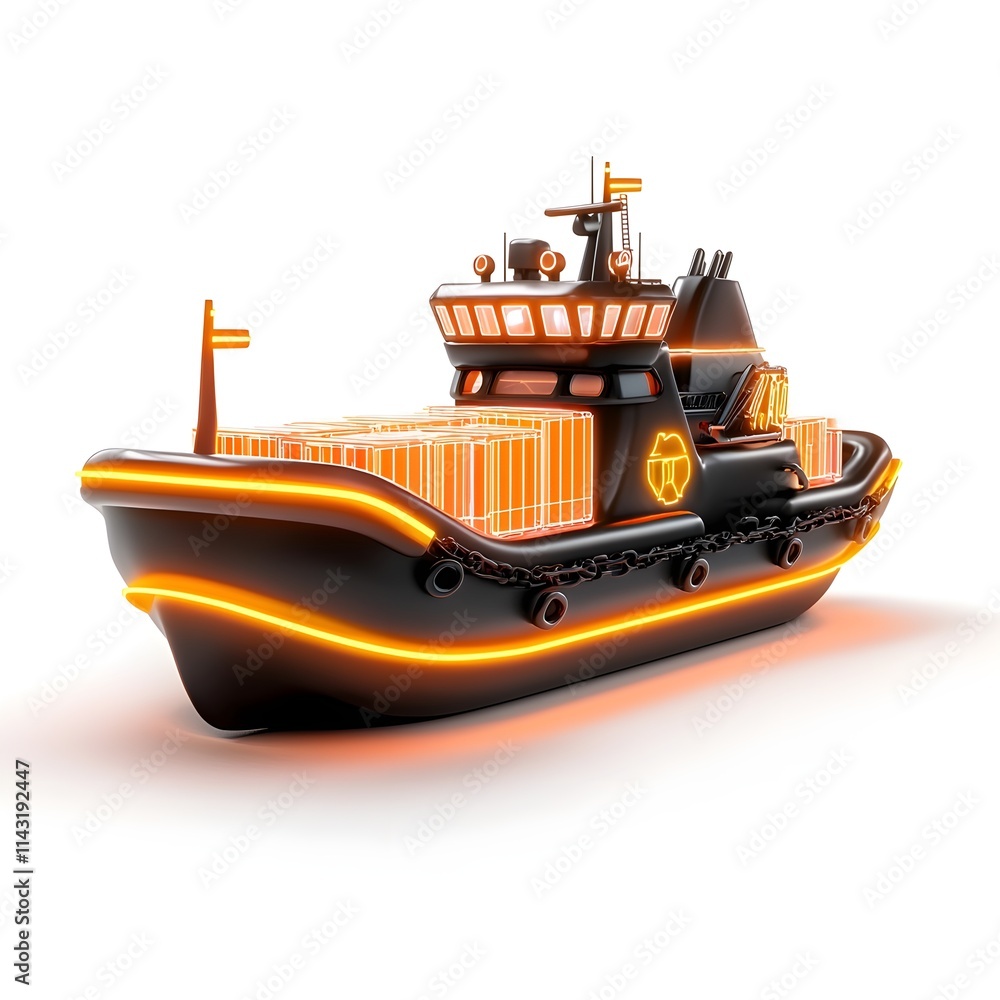 Futuristic Tugboat with Neon Accents and Containers at Port Futuristic Tugboat with Neon Accents and Containers at Port