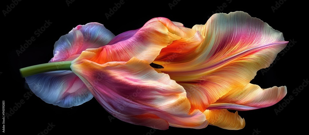 Colorful close-up of an elegant tulip bud on a black background perfect for floral designs and botanical illustrations Colorful close-up of an elegant tulip bud on a black background perfect for floral designs and botanical illustrations
