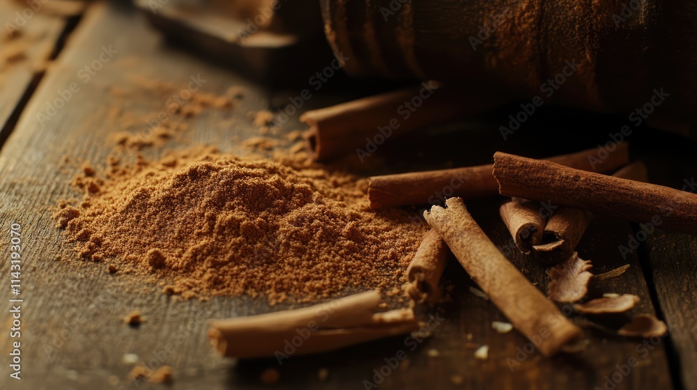 Cinnamon powder and sticks scattered on a rustic wooden table closeup showcasing natural textures and warm tones Cinnamon powder and sticks scattered on a rustic wooden table closeup showcasing natural textures and warm tones