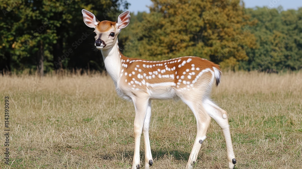 Fallow deer fawn grazing in a sunny meadow surrounded by lush greenery and trees Fallow deer fawn grazing in a sunny meadow surrounded by lush greenery and trees