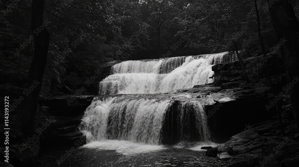 Fototapeta premium Serene Waterfall Cascading Through Lush Forest in Black and White at Falls State Park Natural Landscape Scene
