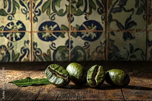 An Artistic Composition Showcasing Green Coffee Beans Set Against a Vintage Background photo