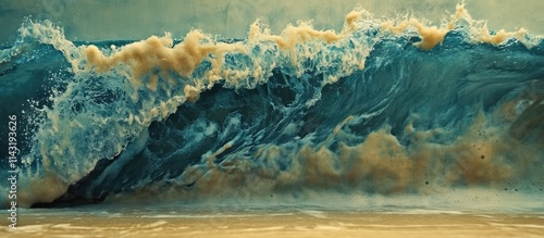 Ocean waves crashing on sandy beach creating foam with a blend of colors and textures in a captivating coastal perspective photo