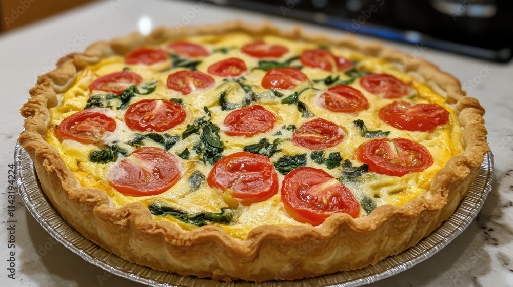 Savory French quiche with fresh tomatoes and spinach in a golden crust perfect for gourmet meals and brunch gatherings Savory French quiche with fresh tomatoes and spinach in a golden crust perfect for gourmet meals and brunch gatherings