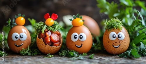 Festive decorated eggs with sausage filling and egg yolk eyes surrounded by fresh greens for a cheerful culinary presentation photo