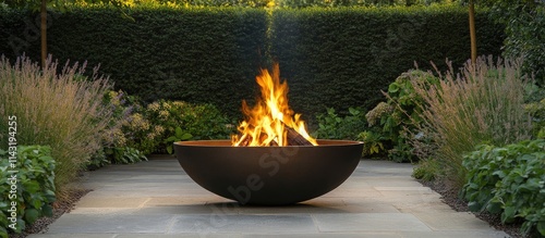 Flames dancing in a modern outdoor brazier surrounded by lush greenery and serene garden setting at dusk