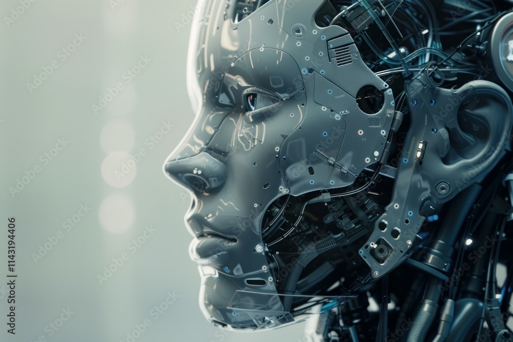 Robot showing human like features looking futuristic with a transparent skull Robot showing human like features looking futuristic with a transparent skull