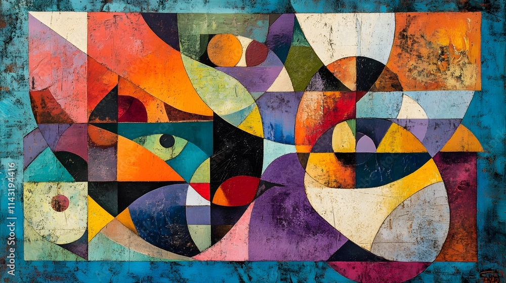 Fototapeta premium Abstract colorful geometric shapes layered over a textured background, creating a vibrant and dynamic composition