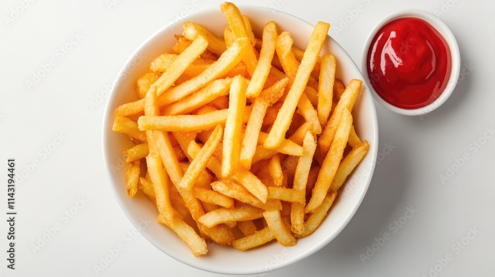Delicious crispy French fries served with a side of ketchup perfect for fast food menu options Delicious crispy French fries served with a side of ketchup perfect for fast food menu options