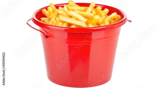 French fries in a vibrant red bucket isolated on a clean white background ideal for food advertising or menu design photo