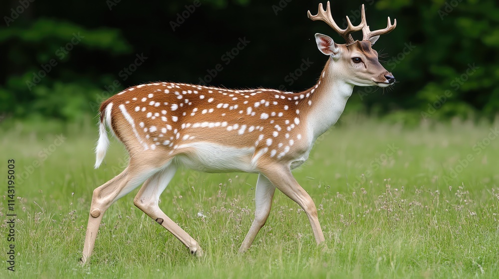 Fallow deer buck gracefully walking through a lush green meadow surrounded by dense forest foliage Fallow deer buck gracefully walking through a lush green meadow surrounded by dense forest foliage