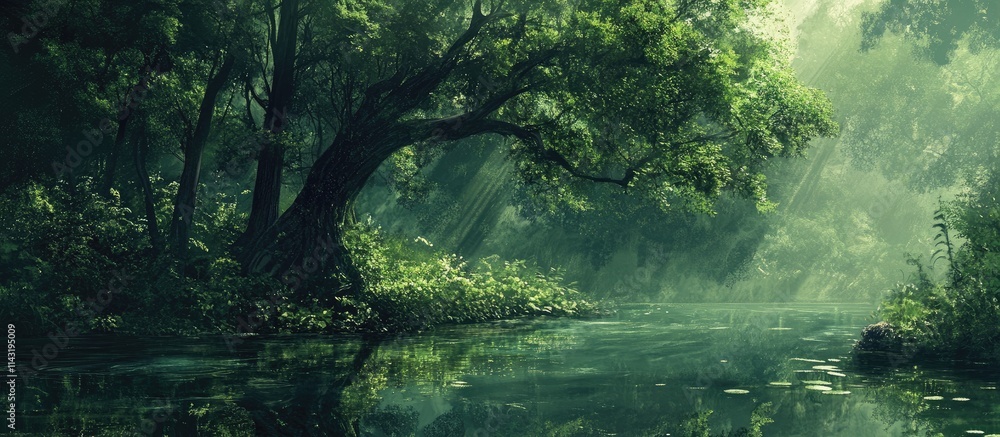 Lush forest landscape reflecting in a tranquil lake surrounded by vibrant green foliage and dappled sunlight filtering through the trees. Lush forest landscape reflecting in a tranquil lake surrounded by vibrant green foliage and dappled sunlight filtering through the trees.