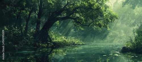 Lush forest landscape reflecting in a tranquil lake surrounded by vibrant green foliage and dappled sunlight filtering through the trees.