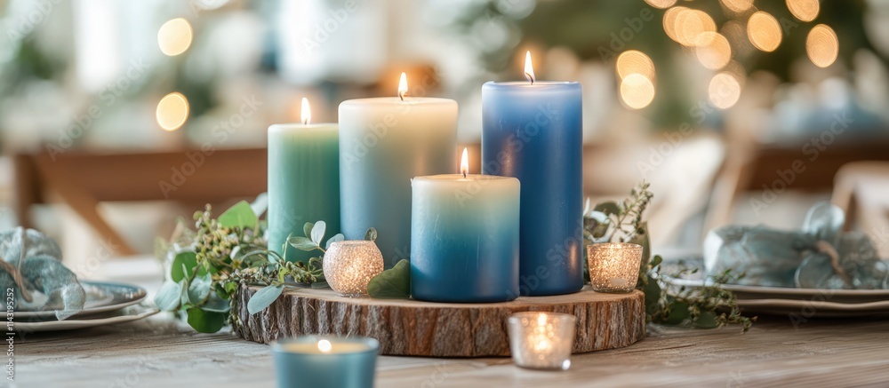 Elegant table setup with blue and green candles on rustic wood for a warm and inviting dining atmosphere ideal for gatherings. Elegant table setup with blue and green candles on rustic wood for a warm and inviting dining atmosphere ideal for gatherings.