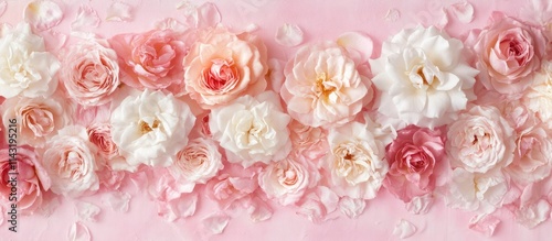 Fototapeta Naklejka Na Ścianę i Meble -  Feminine floral backdrop with pink rose flowers and petals on soft pink background ideal for springtime text overlay design.