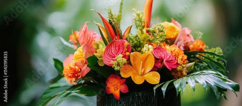 Wallpaper Mural Vibrant floral arrangement in a vase highlighting tropical garden beauty with colorful flowers and lush green foliage. Torontodigital.ca