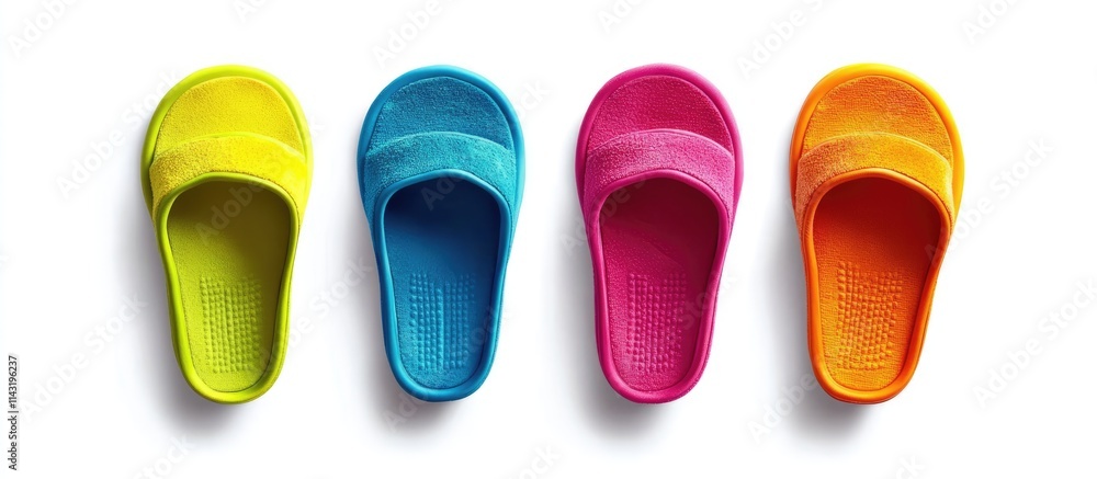 Bright colorful slippers arranged on a white background ideal for casual footwear marketing and product display purposes. Bright colorful slippers arranged on a white background ideal for casual footwear marketing and product display purposes.