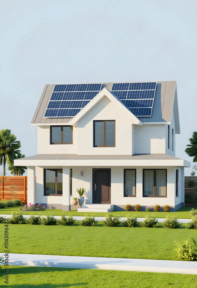 Renewable energy concept. Solar panels on the roof of a modern single family house. Green energy. 3D rendering, 8k, with white tones Renewable energy concept. Solar panels on the roof of a modern single family house. Green energy. 3D rendering, 8k, with white tones