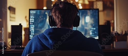 Young man gaming with headphones in cozy home setting focused on action video game illuminated by computer screen at night. photo