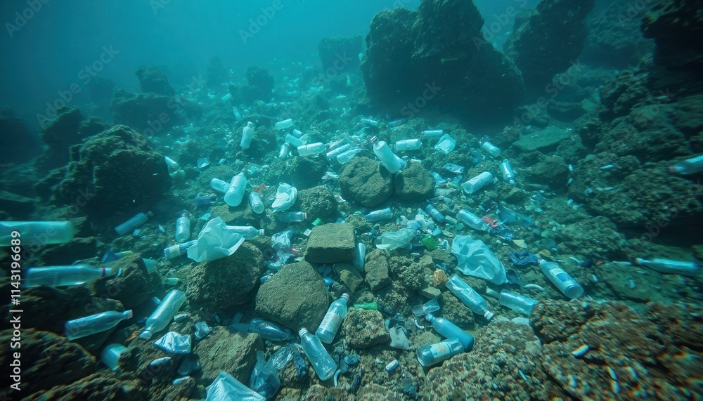 Ocean floor littered with plastic waste. Plastic bottles, debris cover rocks. Marine pollution harms ecosystem. Submerged coral reef shows impact of human activity on oceans. Urgent action needed for Ocean floor littered with plastic waste. Plastic bottles, debris cover rocks. Marine pollution harms ecosystem. Submerged coral reef shows impact of human activity on oceans. Urgent action needed for