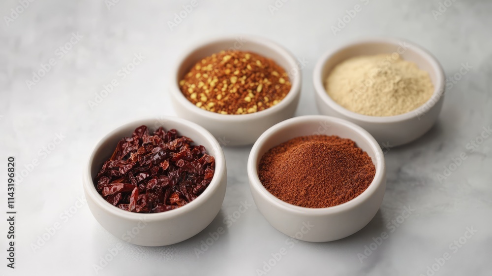 Variety of chili powders and crushed chili in white saucers on a marble surface for culinary and spice-related concepts Variety of chili powders and crushed chili in white saucers on a marble surface for culinary and spice-related concepts