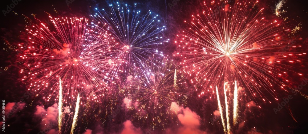 Fototapeta premium Vibrant fireworks display illuminating the night sky during a festive celebration at the sternwheel regatta event in summer.