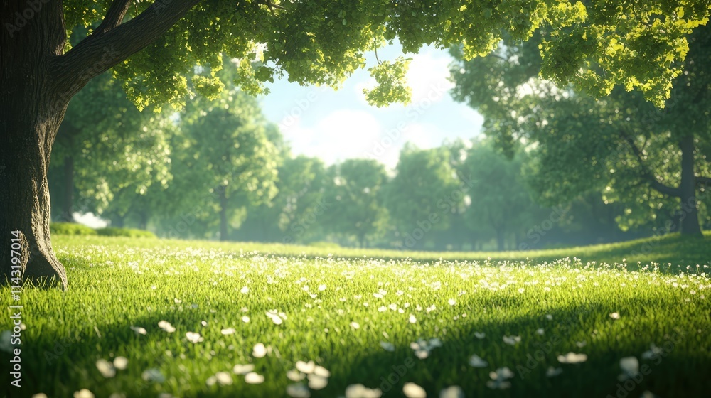 Fototapeta premium Tranquil green meadow under sunlight with vibrant grass and lush trees in a serene natural park setting ideal for relaxation and nature appreciation