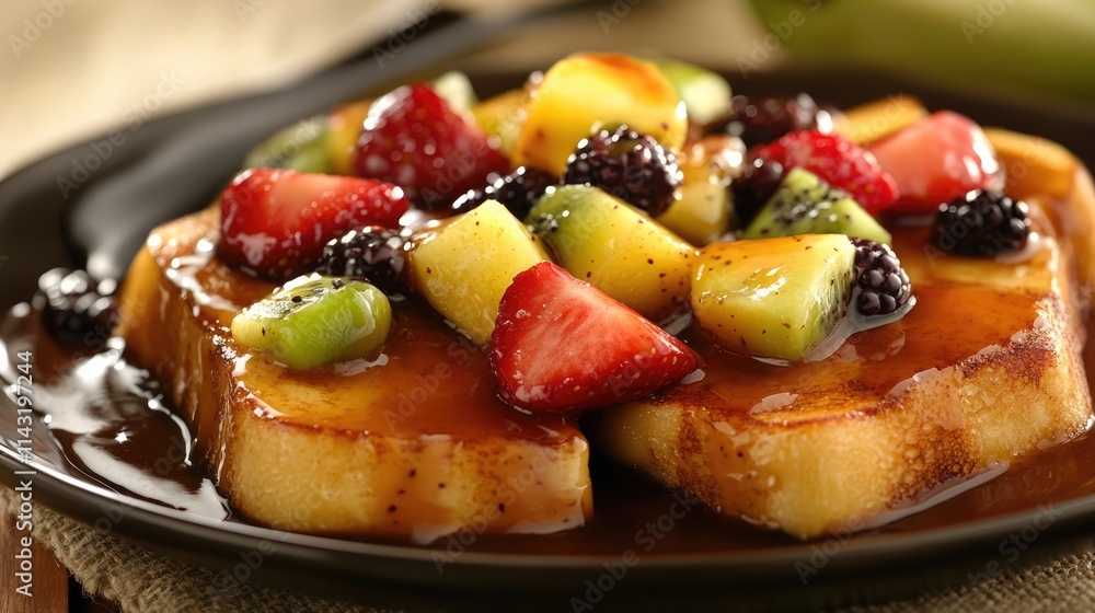 Delicious French toast topped with fresh mixed fruit and drizzled with rich caramel sauce on a rustic table setting. Delicious French toast topped with fresh mixed fruit and drizzled with rich caramel sauce on a rustic table setting.