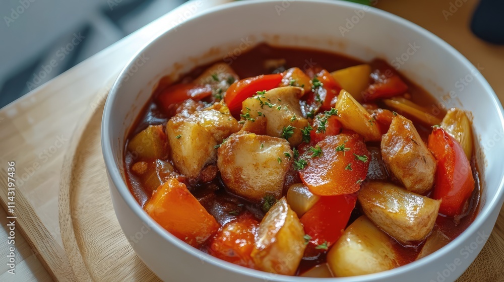 Hearty traditional French vegetable stew with potatoes and bell peppers served in a bowl on a wooden surface. Perfect for culinary promotions. Hearty traditional French vegetable stew with potatoes and bell peppers served in a bowl on a wooden surface. Perfect for culinary promotions.
