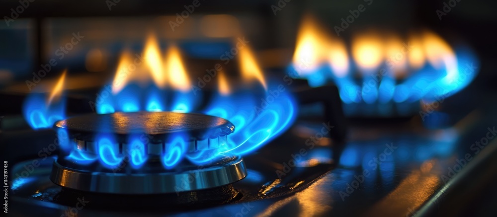 Close up of a modern gas stove with vibrant blue flames showcasing contemporary kitchen design and appliance features Close up of a modern gas stove with vibrant blue flames showcasing contemporary kitchen design and appliance features