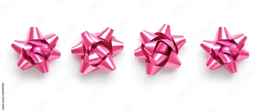 Four glossy pink gift bows arranged on a clean white background ideal for holiday or celebration-themed designs and advertising materials Four glossy pink gift bows arranged on a clean white background ideal for holiday or celebration-themed designs and advertising materials