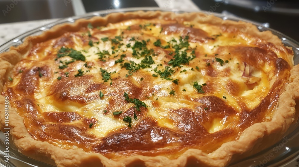 Deliciously baked French quiche with a golden crust and fresh herbs garnishing the top for an appetizing culinary presentation. Deliciously baked French quiche with a golden crust and fresh herbs garnishing the top for an appetizing culinary presentation.