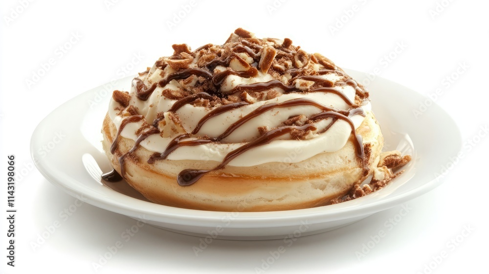Delicious cinnamon roll with cream frosting and nuts on a white plate against a clean background Delicious cinnamon roll with cream frosting and nuts on a white plate against a clean background