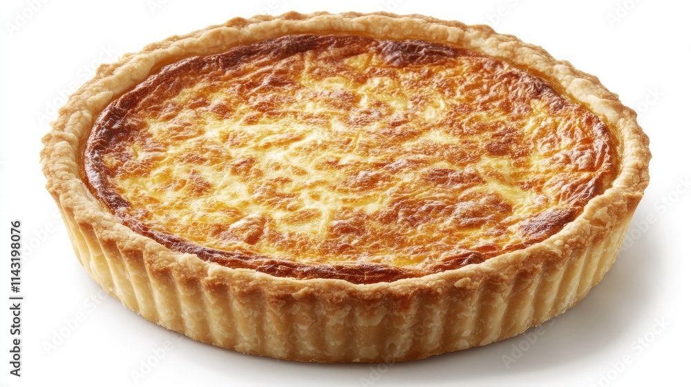 Savory French quiche with golden crust and cheese filling isolated on white background Savory French quiche with golden crust and cheese filling isolated on white background