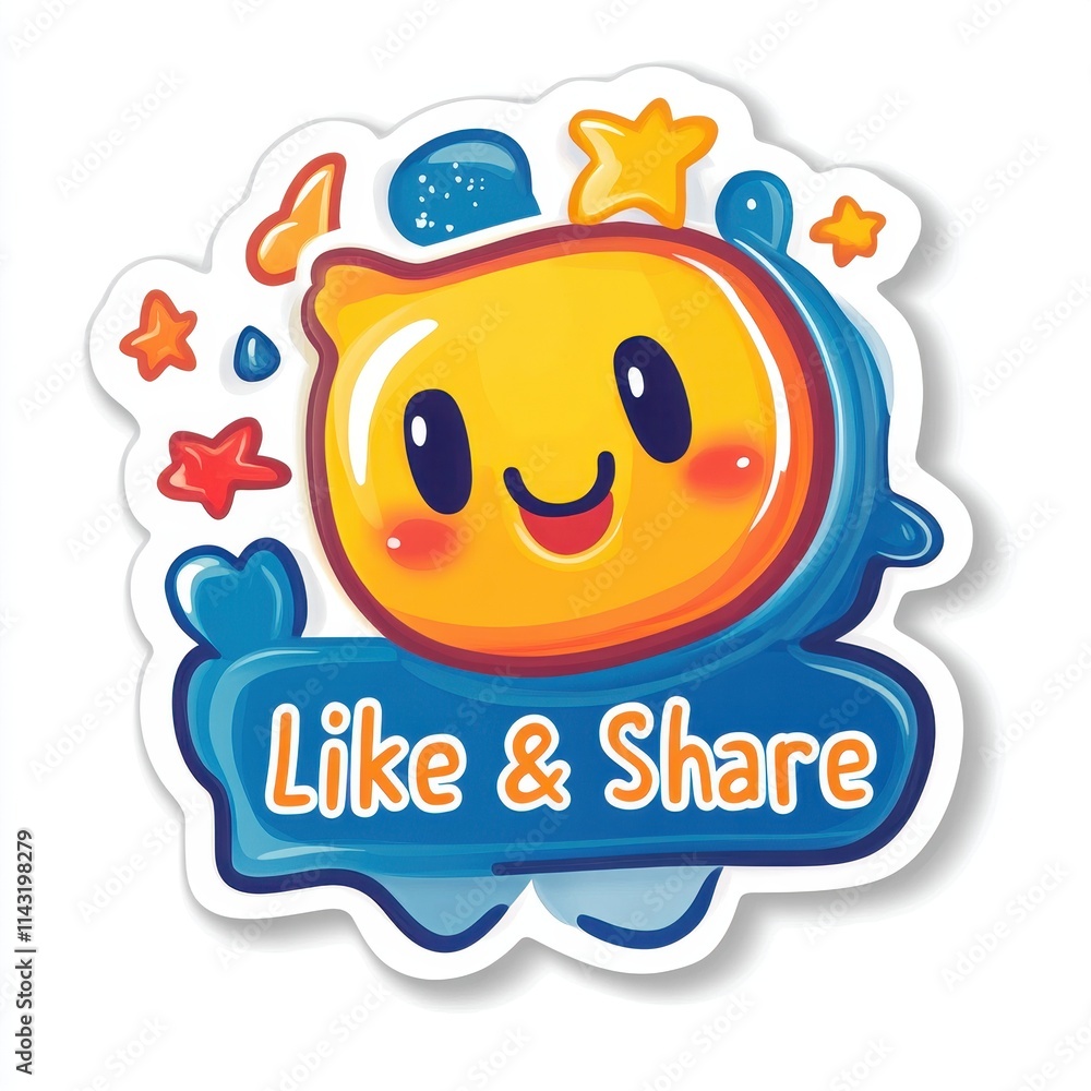 Adorable yellow cartoon emoji with cat ears holding a colorful Like and Share sign isolated on white background Adorable yellow cartoon emoji with cat ears holding a colorful Like and Share sign isolated on white background