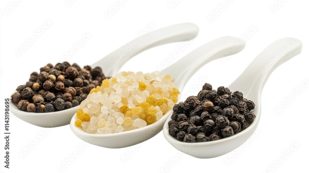 Culinary spices featuring coarse rock salt black peppercorns and curry powder arranged in white ceramic spoons against a clean background Culinary spices featuring coarse rock salt black peppercorns and curry powder arranged in white ceramic spoons against a clean background