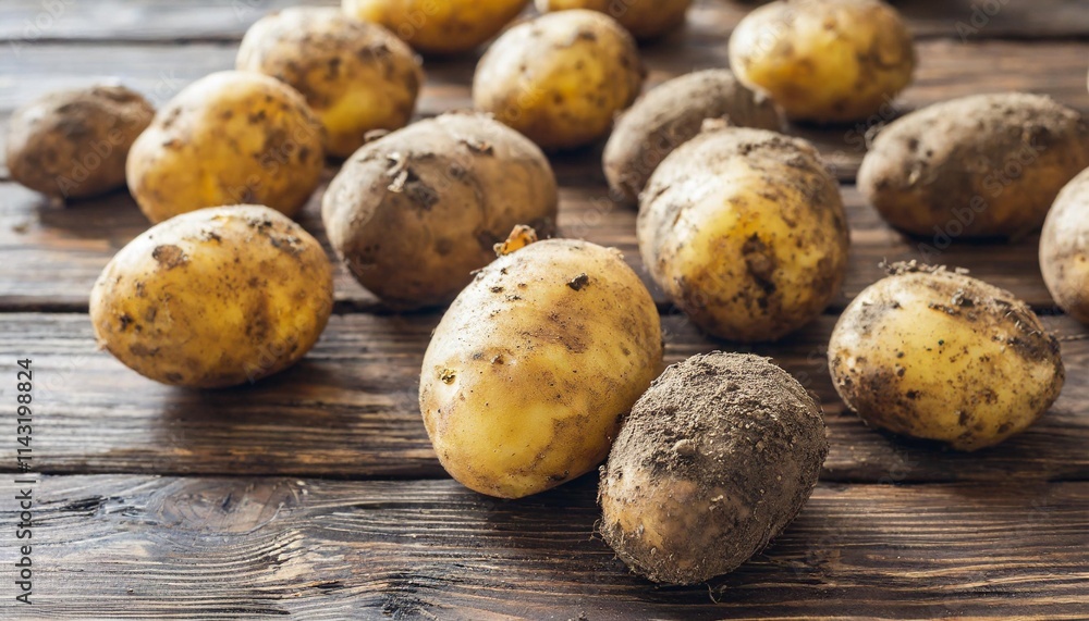 Freshly Dug Potatoes Covered in Soil Arranged on a Rustic Wooden Table