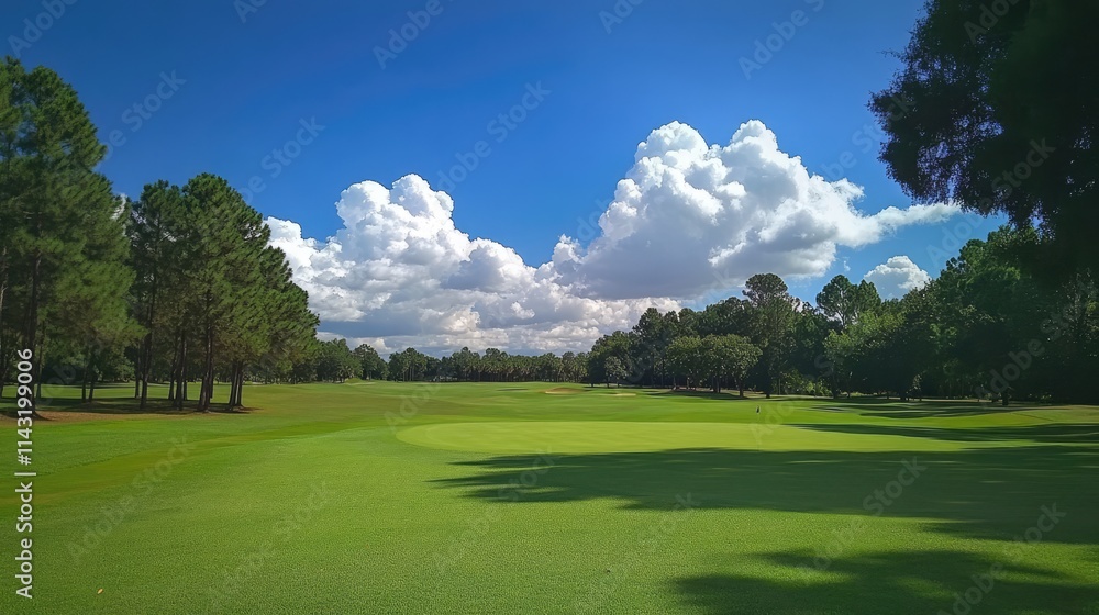Expansive green golf course fairway under a vibrant blue sky with fluffy clouds and surrounding lush trees on a sunny day Expansive green golf course fairway under a vibrant blue sky with fluffy clouds and surrounding lush trees on a sunny day