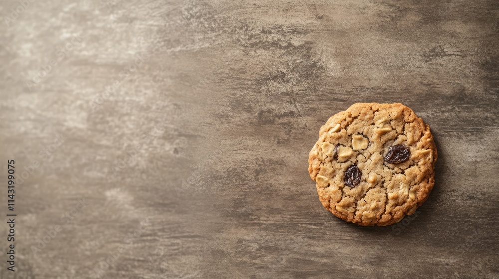 Baked oatmeal raisin cookie on textured surface showcasing homemade freshness and deliciousness Baked oatmeal raisin cookie on textured surface showcasing homemade freshness and deliciousness