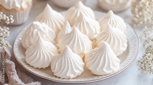 Delicate French meringue cookies arranged on a decorative plate with soft floral elements in the background